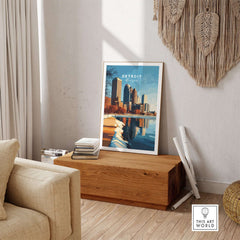 Detroit Print featuring a vibrant cityscape poster in a stylish living room setting.