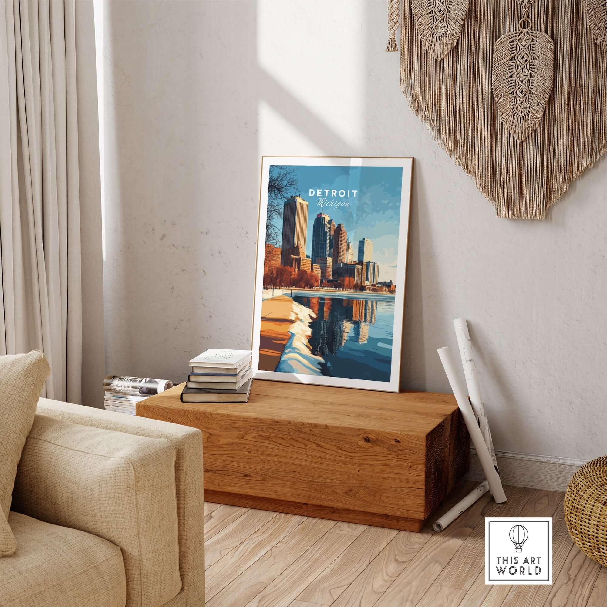 Detroit Print featuring a vibrant cityscape poster in a stylish living room setting.