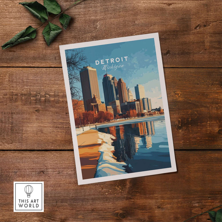 Detroit city poster showcasing skyline reflections, vibrant colors, and artistic design, perfect for home decor.