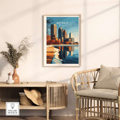 Detroit Print displayed in a modern living room, showcasing Detroit's skyline and vibrant colors.