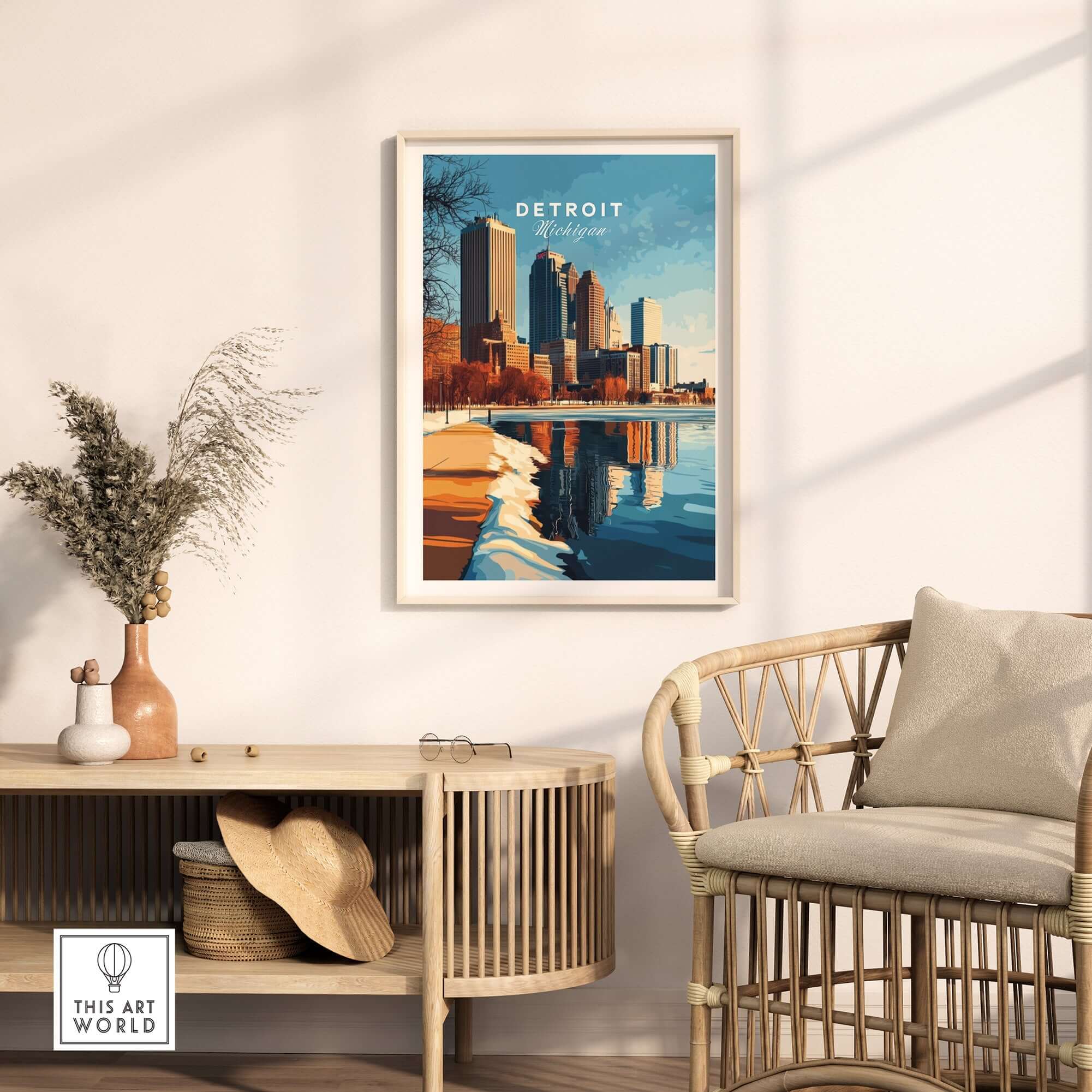 Detroit Print displayed in a modern living room, showcasing Detroit's skyline and vibrant colors.