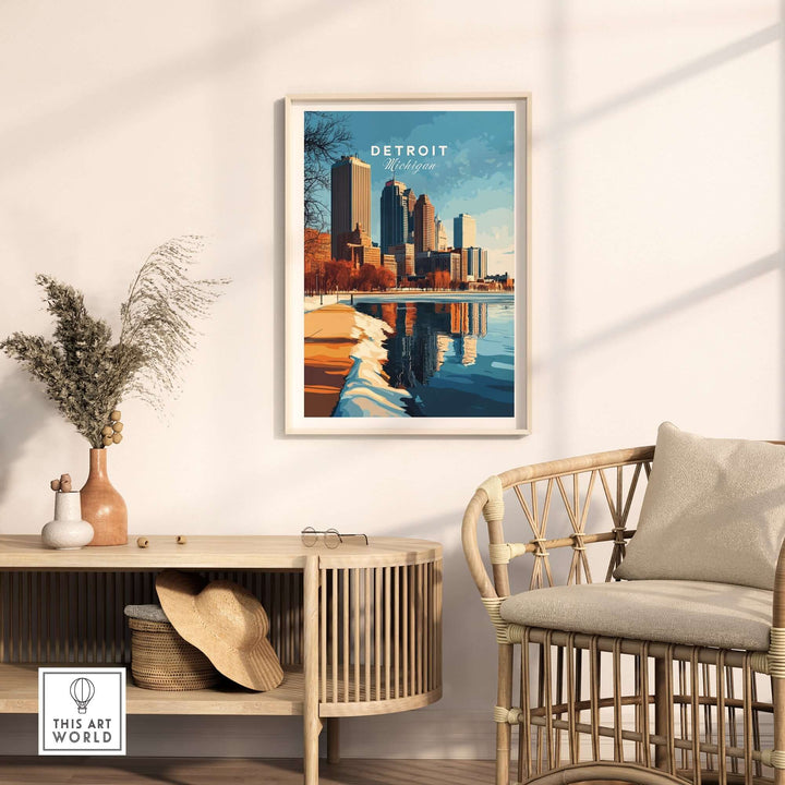 Vibrant Detroit city poster displayed in a modern living room setting, adding character to the space.