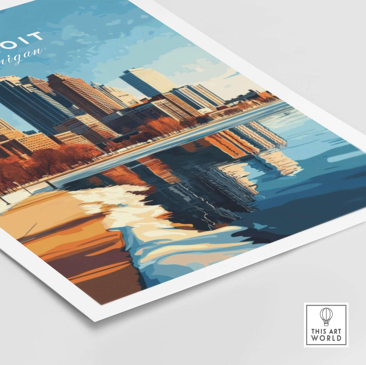 Detroit Print showcasing vibrant cityscape poster with reflections on water, ideal for Detroit enthusiasts.
