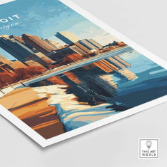 Detroit Print showcasing vibrant cityscape poster with reflections on water, ideal for Detroit enthusiasts.