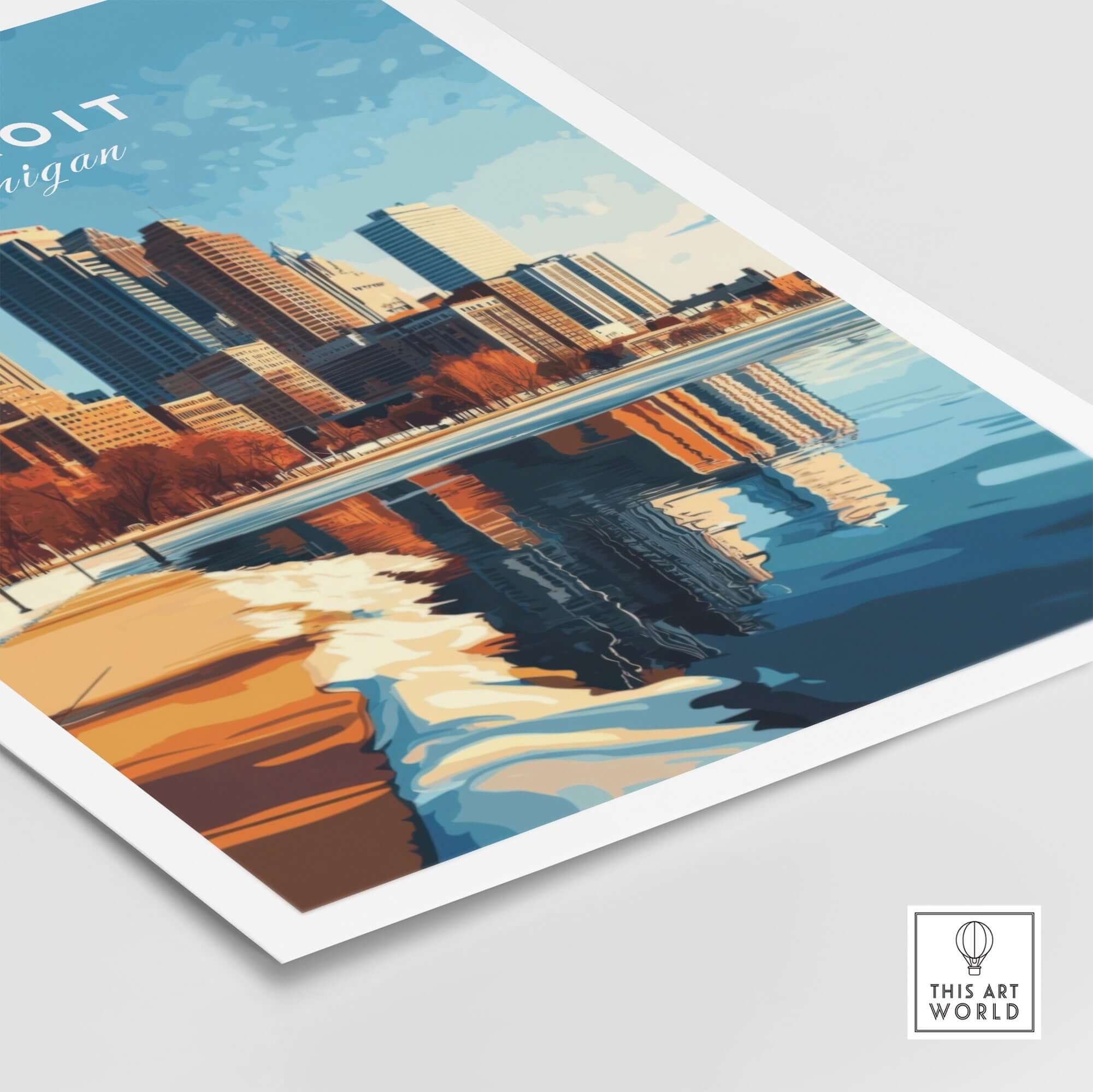 Detroit Print showcasing vibrant cityscape poster with reflections on water, ideal for Detroit enthusiasts.