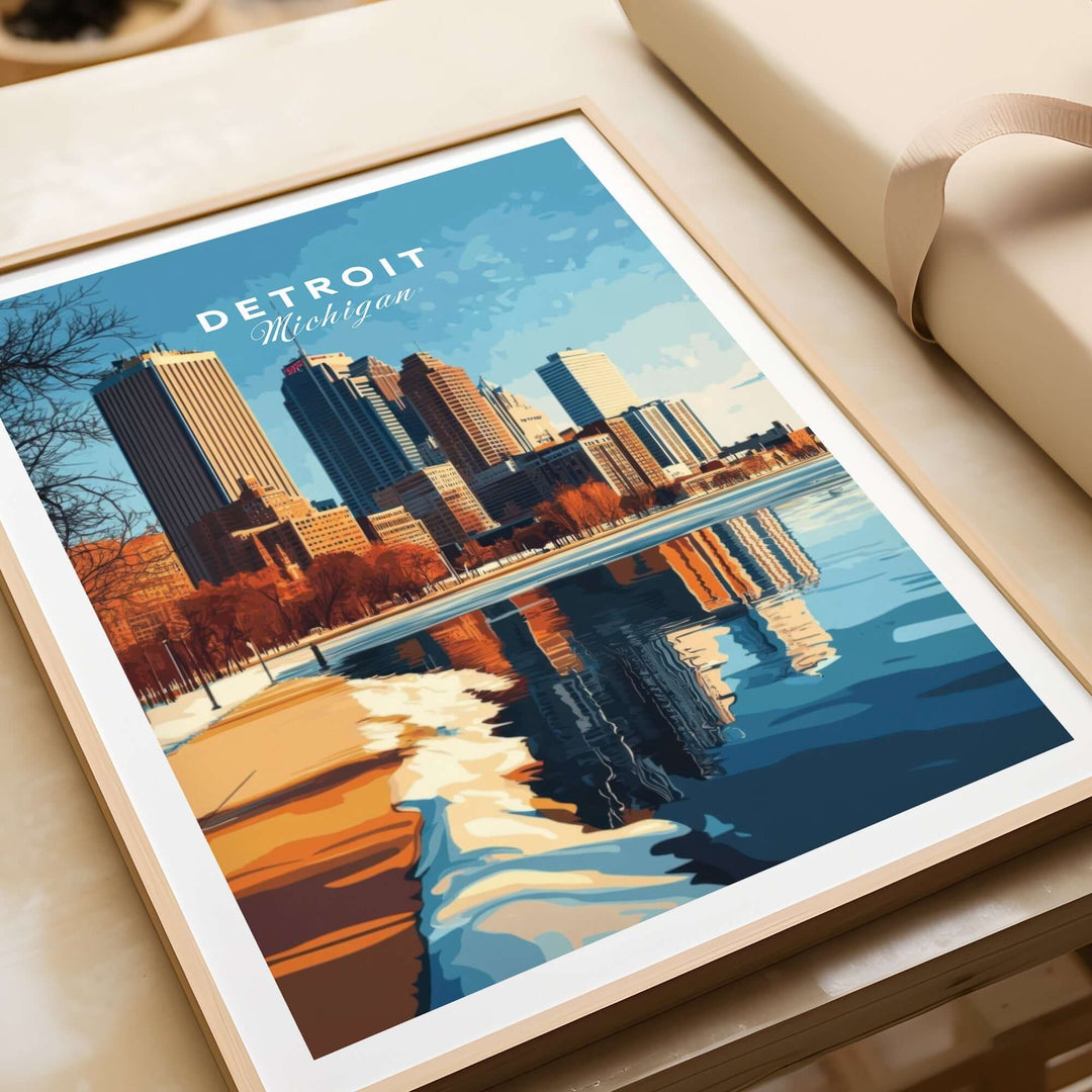 Vibrant Detroit city poster showcasing skyscrapers and waterfront reflection, perfect for Detroit enthusiasts.