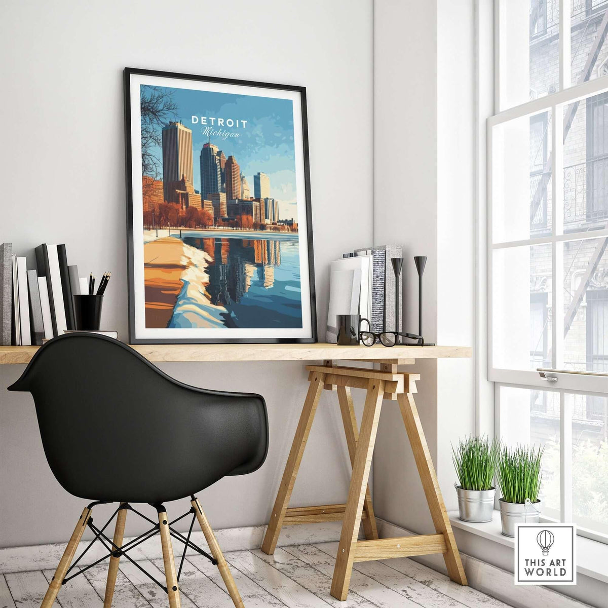 Detroit Print displayed in a stylish workspace, highlighting Detroit's iconic skyline and vibrant colors.