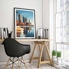 Detroit Print displayed in a stylish workspace, highlighting Detroit's iconic skyline and vibrant colors.