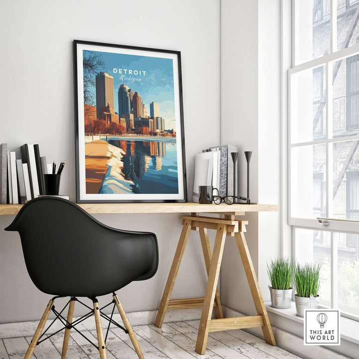 Detroit Print poster displayed in a modern workspace, showcasing city skyline and reflective water.