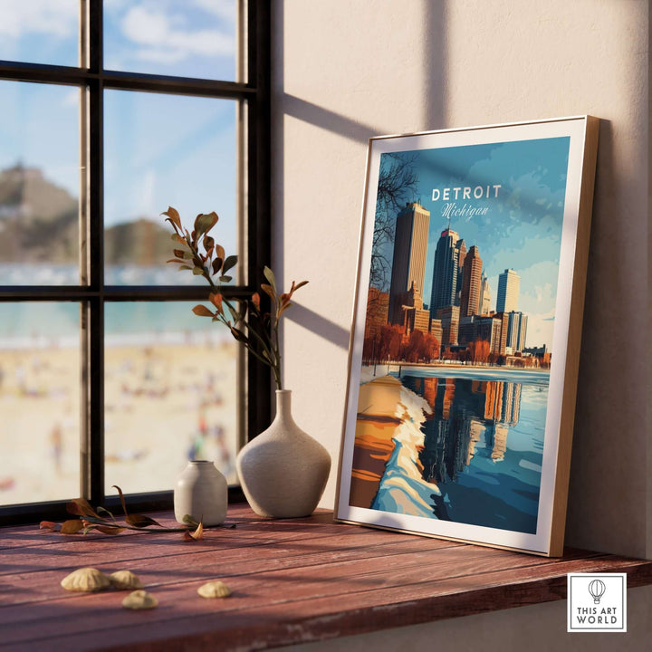 Vibrant Detroit Print displayed in a stylish room, showcasing the city skyline near a beach, adding character to the space.