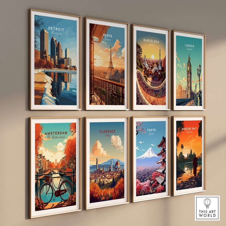 Colorful city posters, including Detroit, Paris, Barcelona, and more, displayed in stylish frames on a wall.