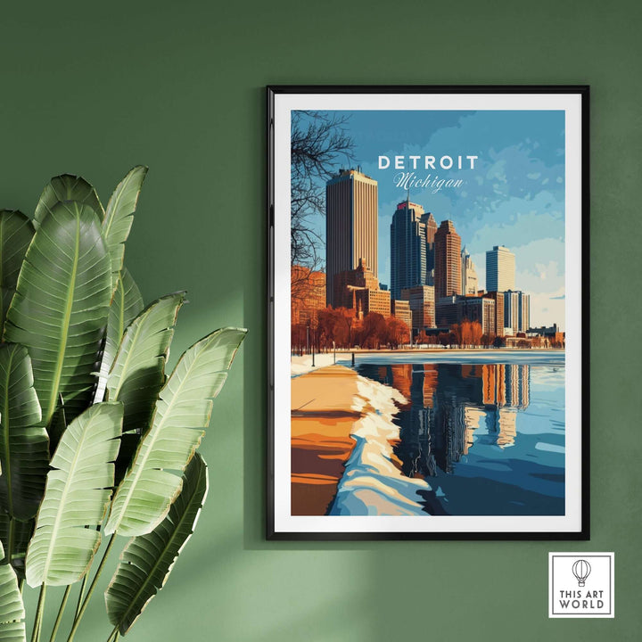 Vibrant Detroit city print poster showcasing skyline and waterfront on green wall background.