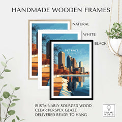 Handmade wooden frames in natural, white, and black showcasing the Detroit Print, sustainably sourced and ready to hang.