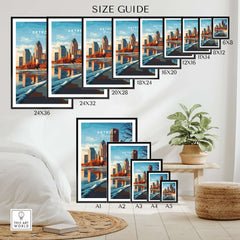 Size guide for Detroit Print Michigan showcasing various frame sizes in a stylish home setting.