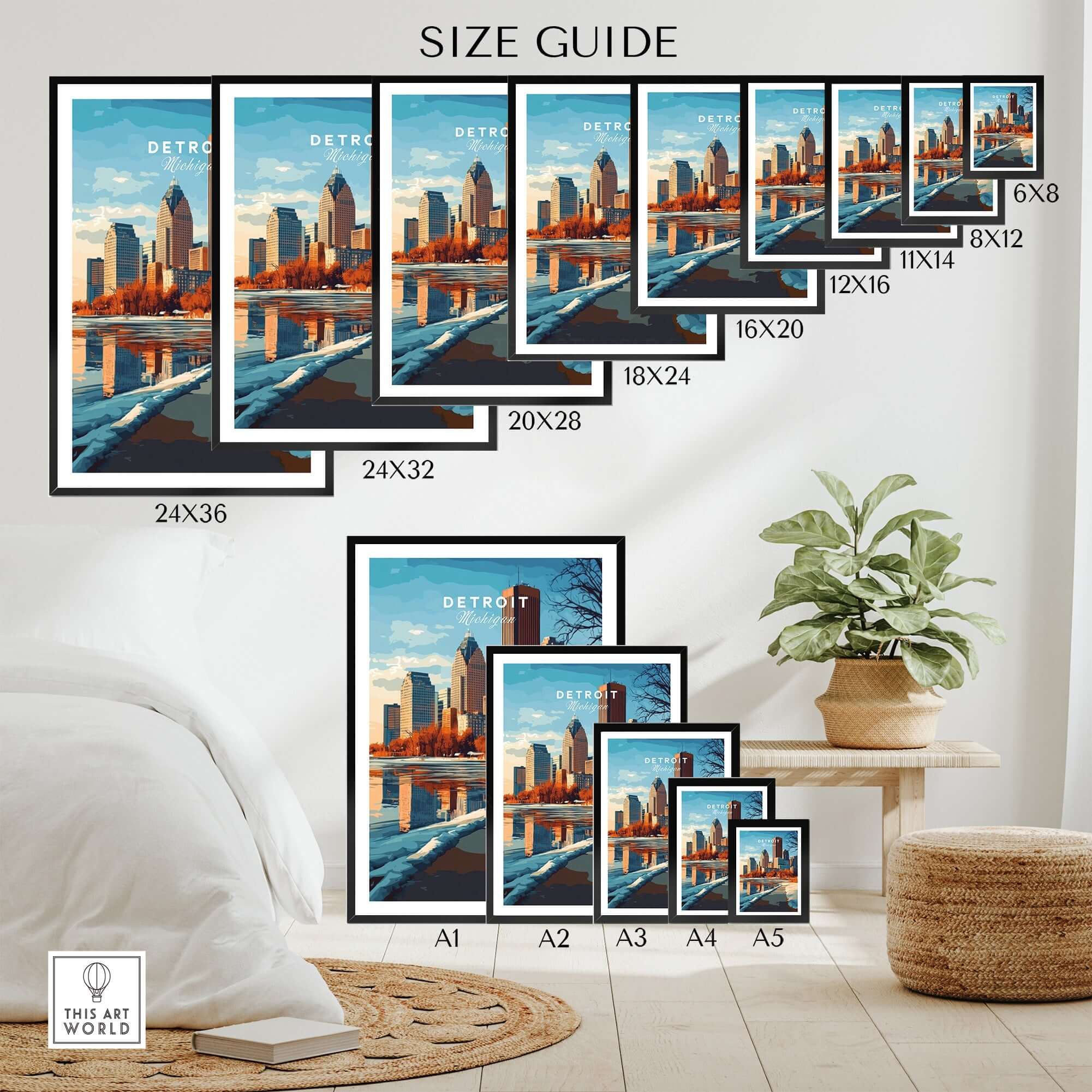 Size guide for Detroit Print Michigan showcasing various frame sizes in a stylish home setting.