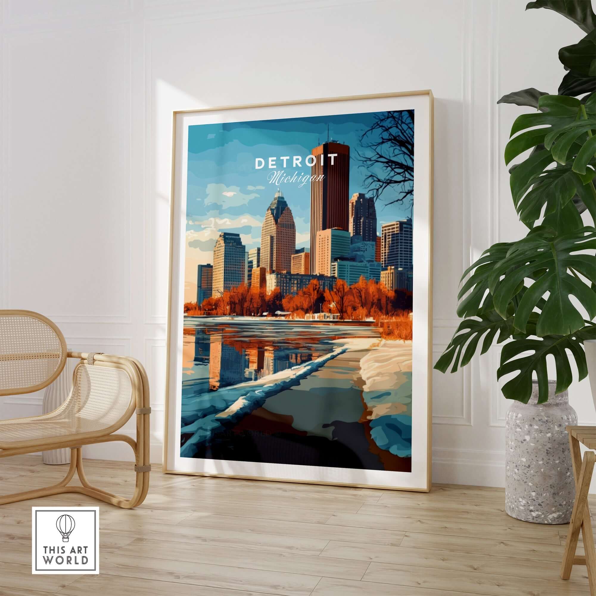 Detroit Print Michigan featured in a stylish living room setting, showcasing the iconic skyline of Detroit, Michigan.