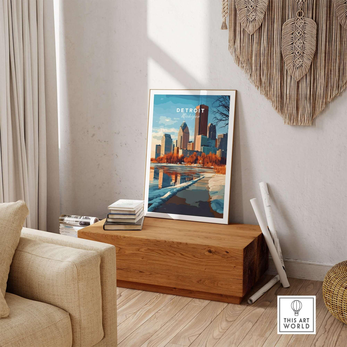 Detroit Print Michigan showcased in a stylish living room setting with iconic skyline and warm decor.