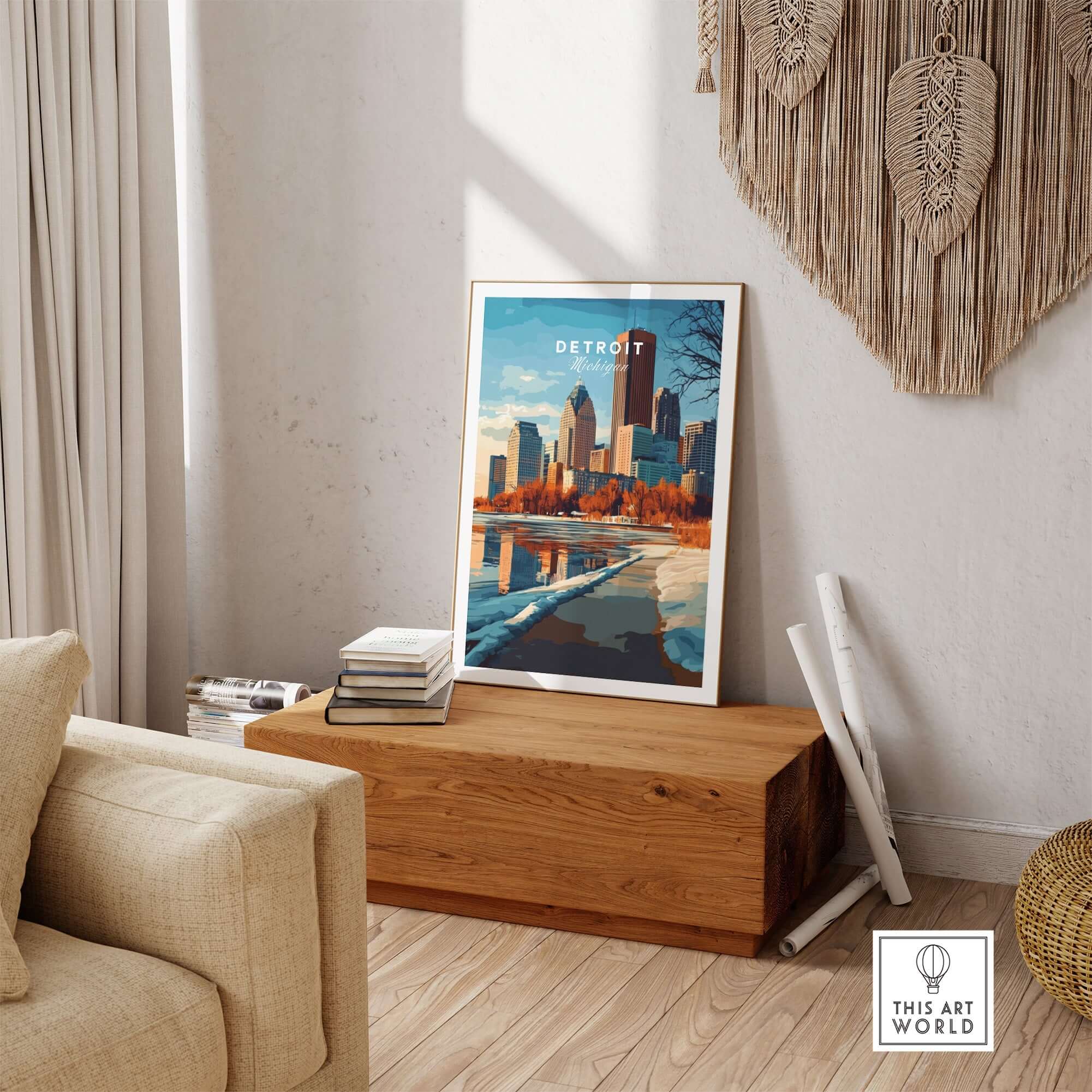 Detroit Print Michigan showcased in a stylish living room setting with iconic skyline and warm decor.
