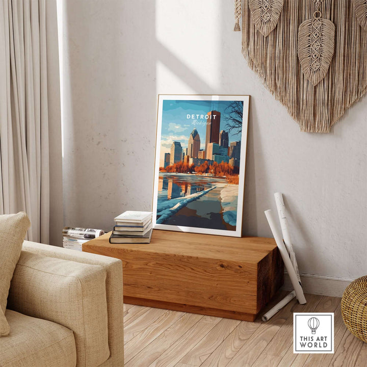 Detroit print featuring iconic landmarks, displayed in a stylish living room setting, showcasing the charm of Michigan.