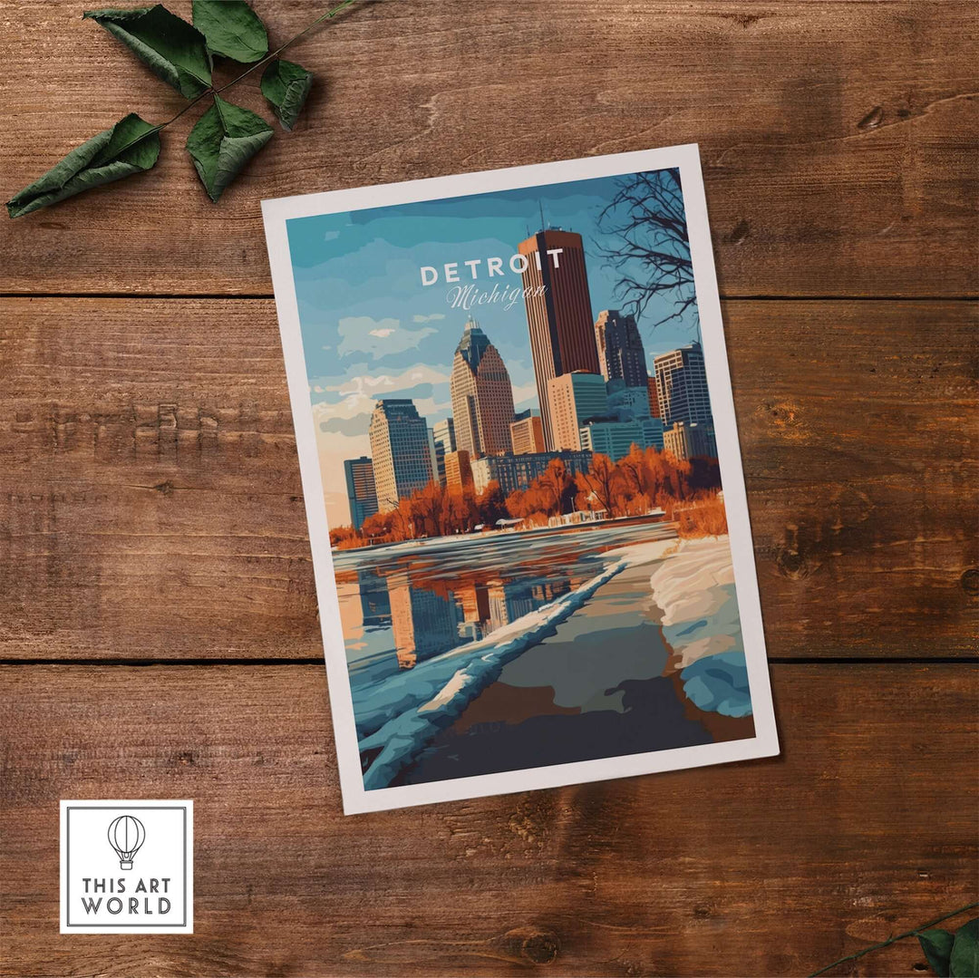 Detroit Michigan print showcasing iconic city skyline and winter landscape on wooden table. Perfect for home decor.