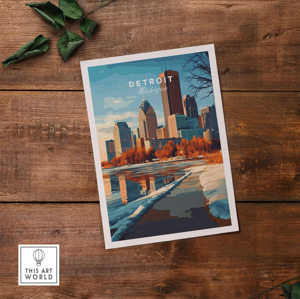 Detroit Print Michigan showcasing the Detroit skyline reflecting on water with vibrant colors and local landmarks.