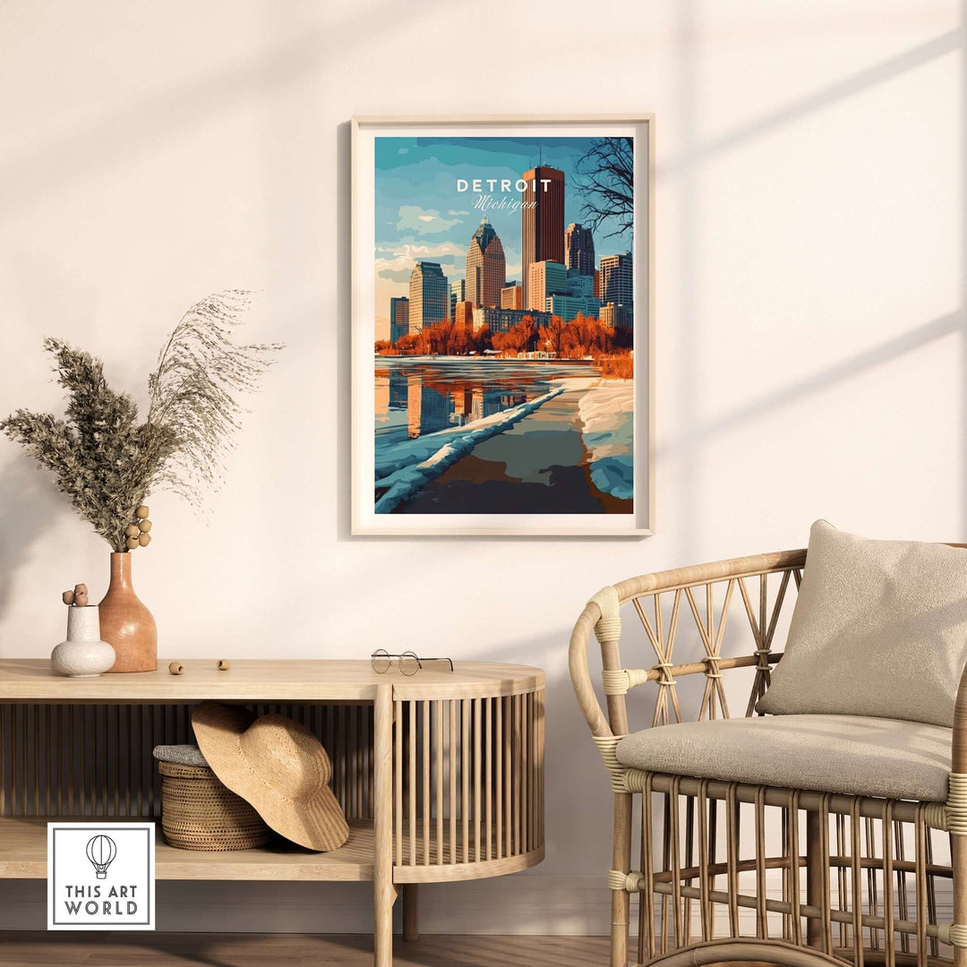 Detroit Print showcasing the skyline and autumn colors, perfect for home decor and celebrating the Motor City.