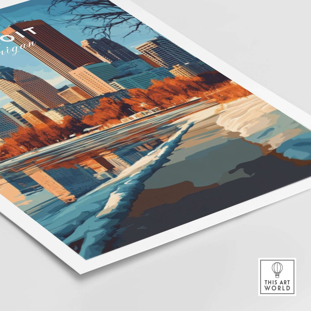 Vibrant Detroit print showcasing iconic landmarks and city reflections in warm autumn colors, perfect for home decor.