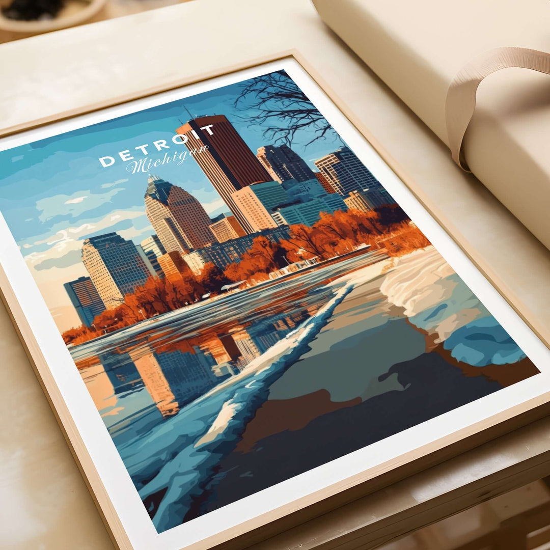 Detroit Michigan print featuring iconic skyline and reflective water, perfect for home decor and showcasing city pride.