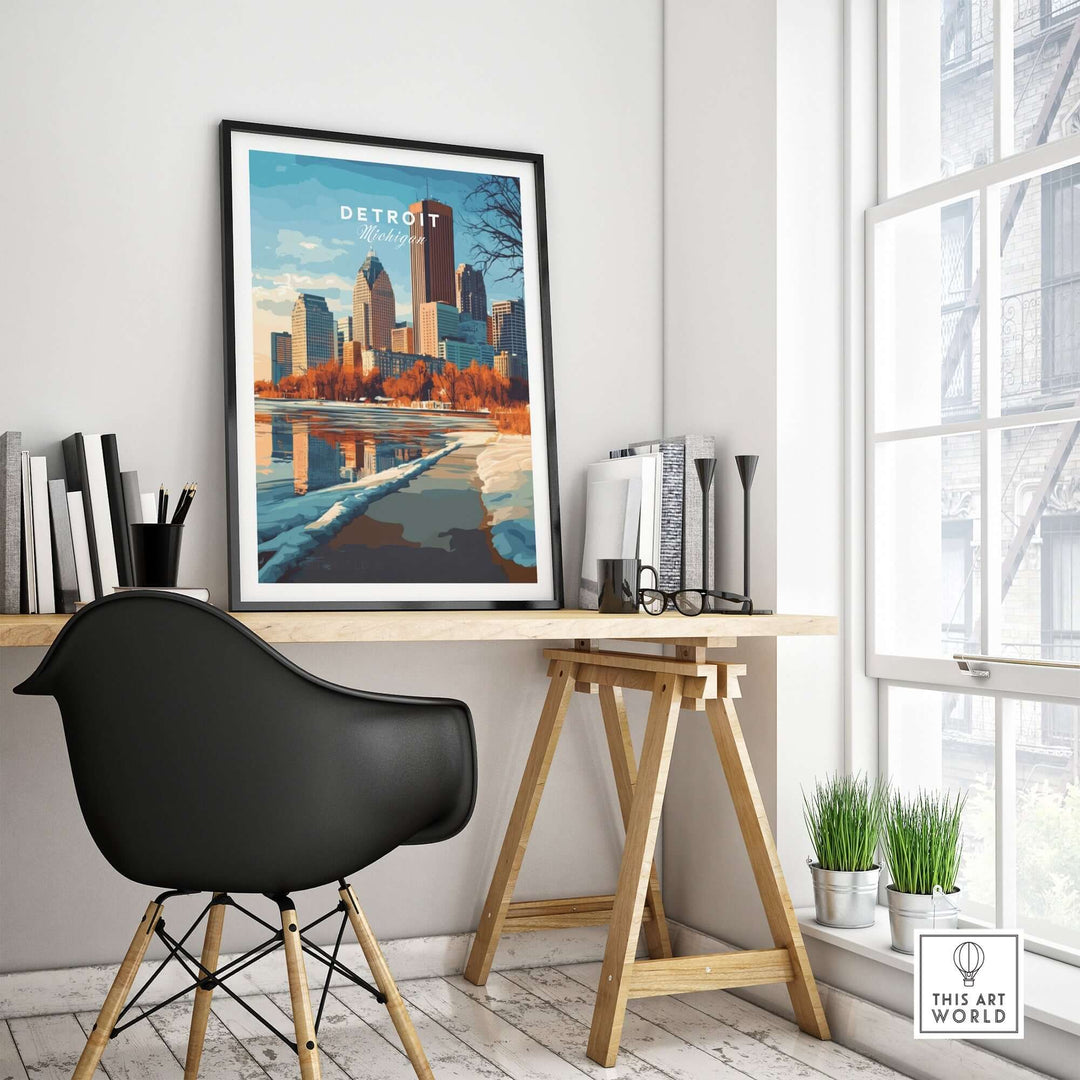 Detroit Print showcasing iconic landmarks in a stylish home office setting with modern decor.