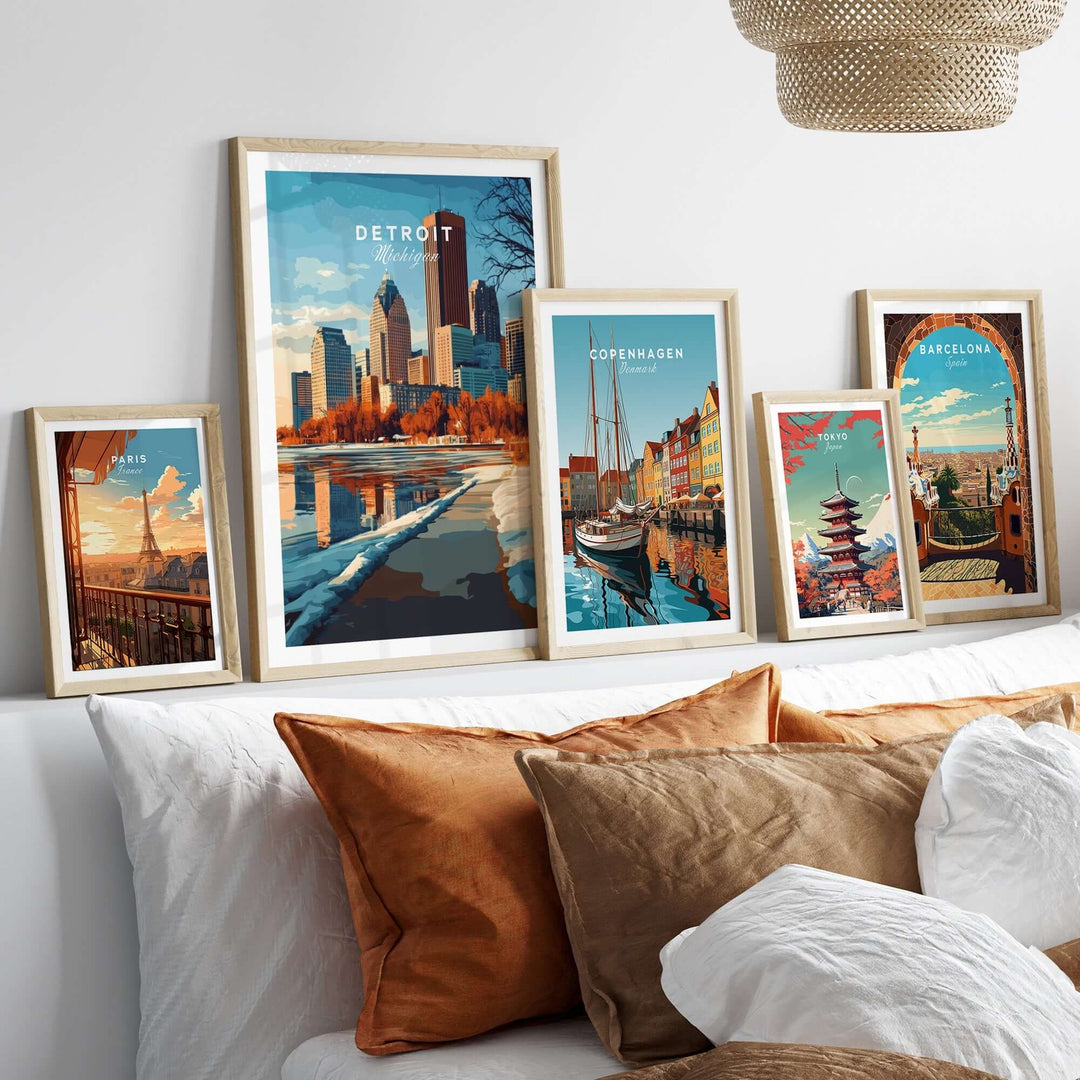 Framed Detroit Print among other city prints, showcasing vibrant décor and urban landmarks on a cozy bed setting.