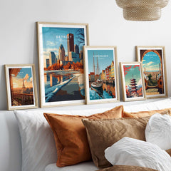 Detroit Print Michigan displayed in stylish frames on a wall, showcasing iconic city landmarks and vibrant colors.