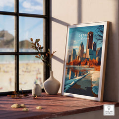 Detroit Print Michigan showcasing a vibrant cityscape with iconic landmarks in a stylish home decor setting.