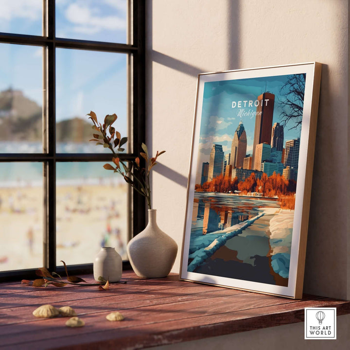 Detroit Michigan print displayed in a stylish home setting by a window, capturing the city's iconic skyline and vibrant colors.