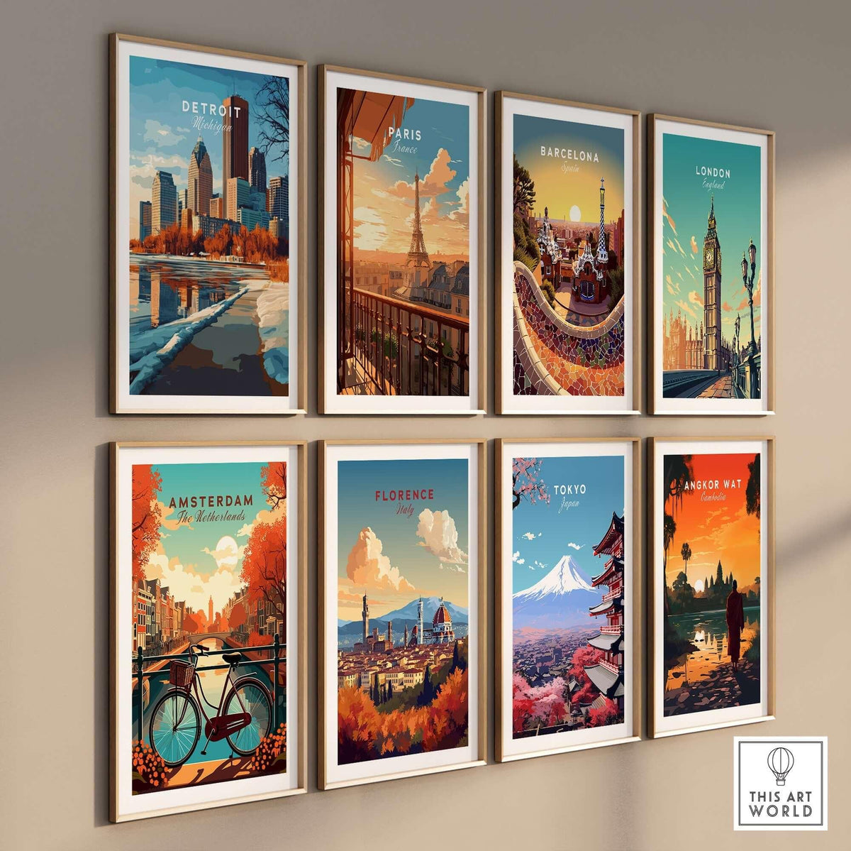 Colorful wall display of city prints including Detroit Print Michigan among others.