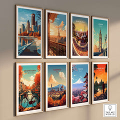 Colorful wall display of city prints including Detroit Print Michigan among others.