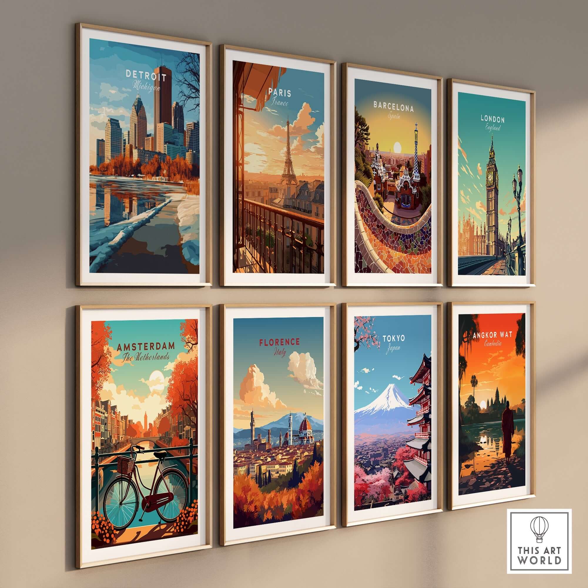 Colorful wall display of city prints including Detroit Print Michigan among others.