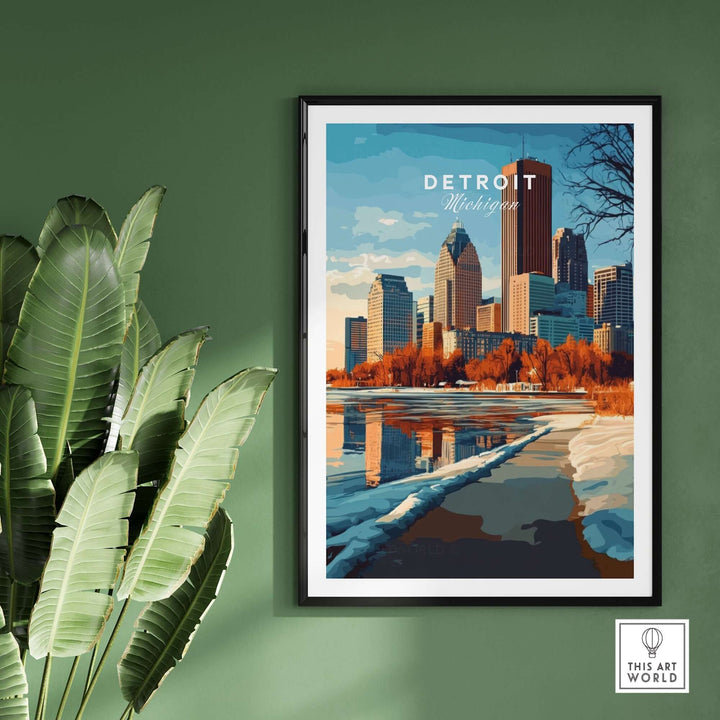 Detroit Michigan print showcasing iconic skyline and vibrant colors, perfect for home decor lovers.