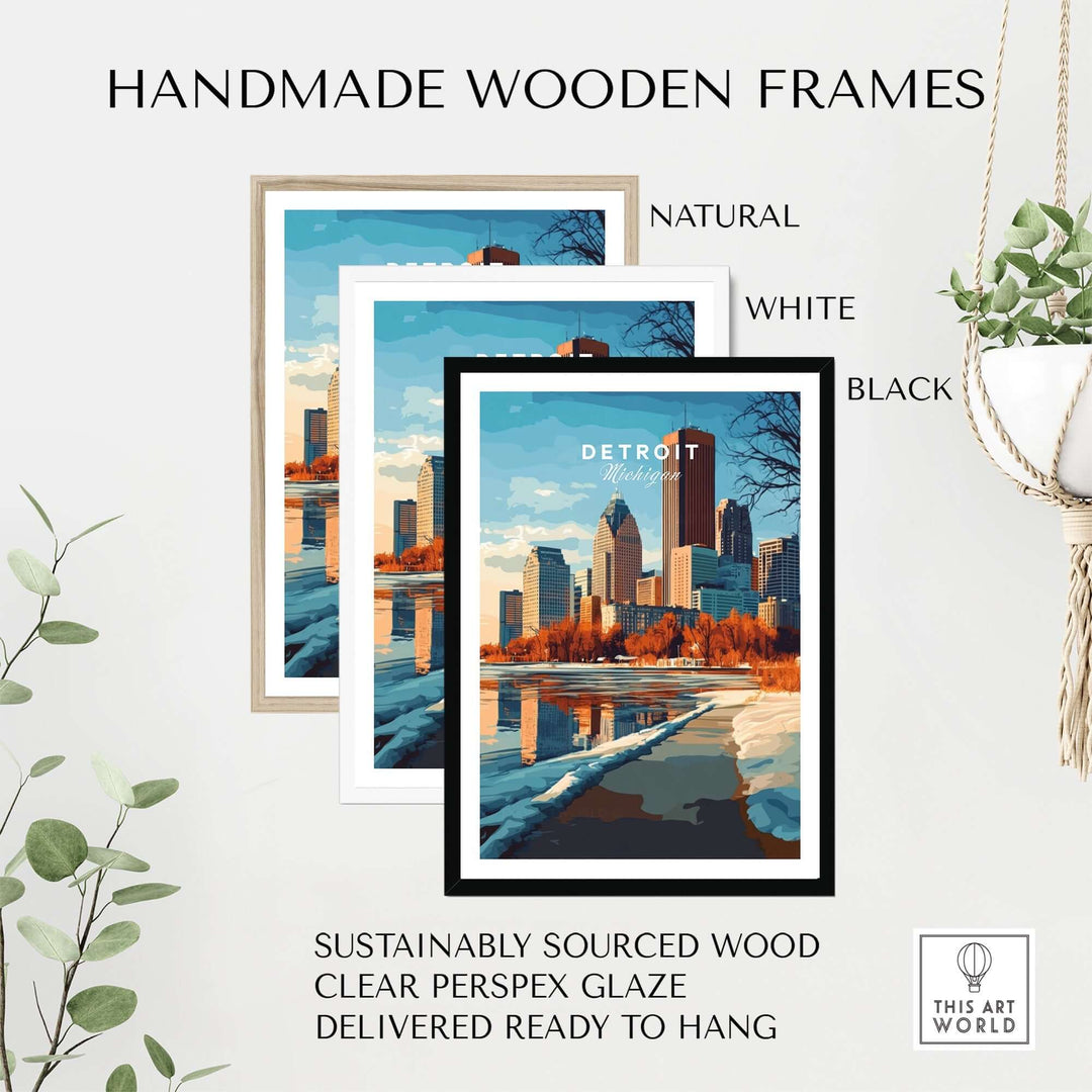 Handmade wooden frames in natural, white, and black, showcasing a Detroit print with sustainably sourced wood and clear glaze.