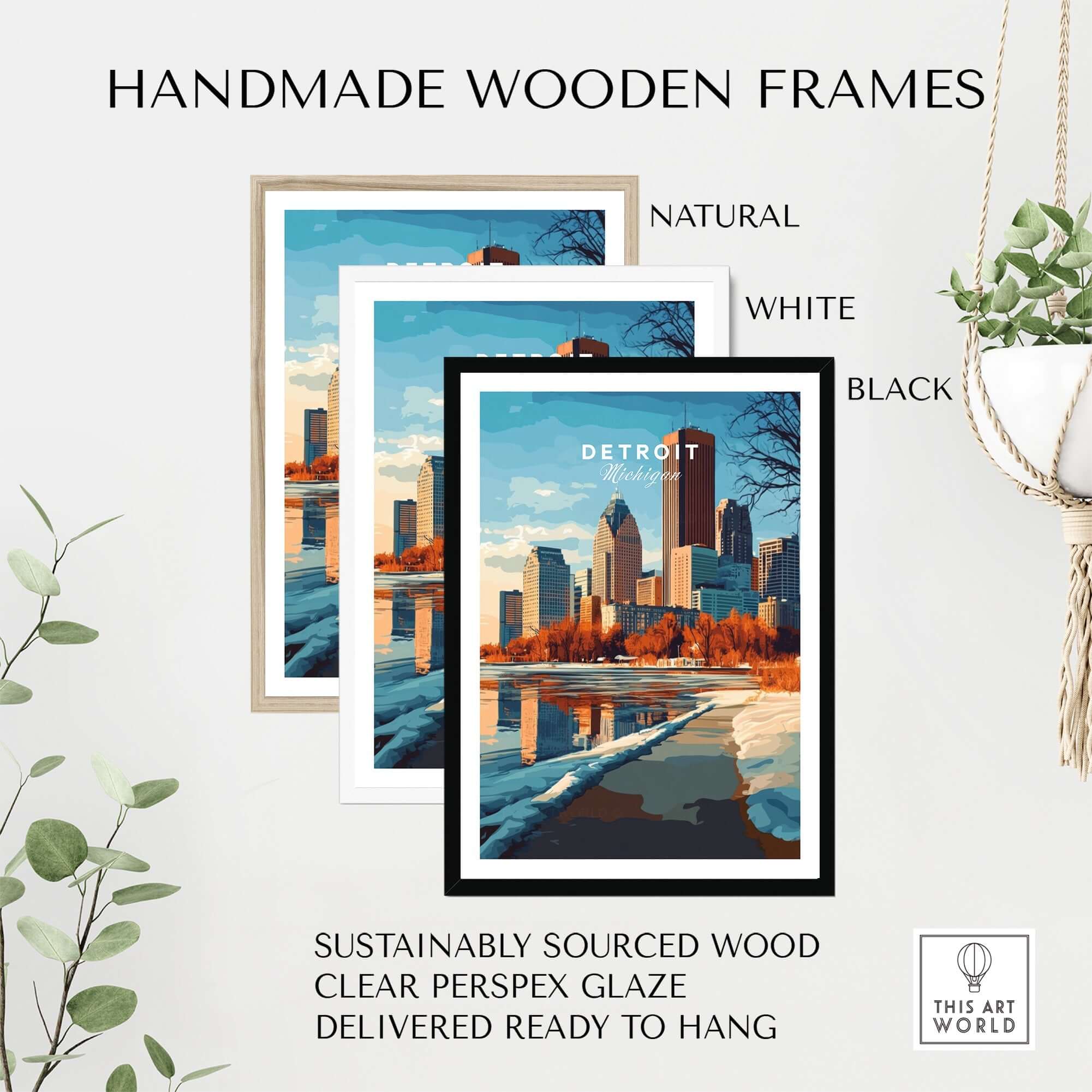 Handmade wooden frames for Detroit Print Michigan in natural, white, and black finishes, sustainably sourced wood.