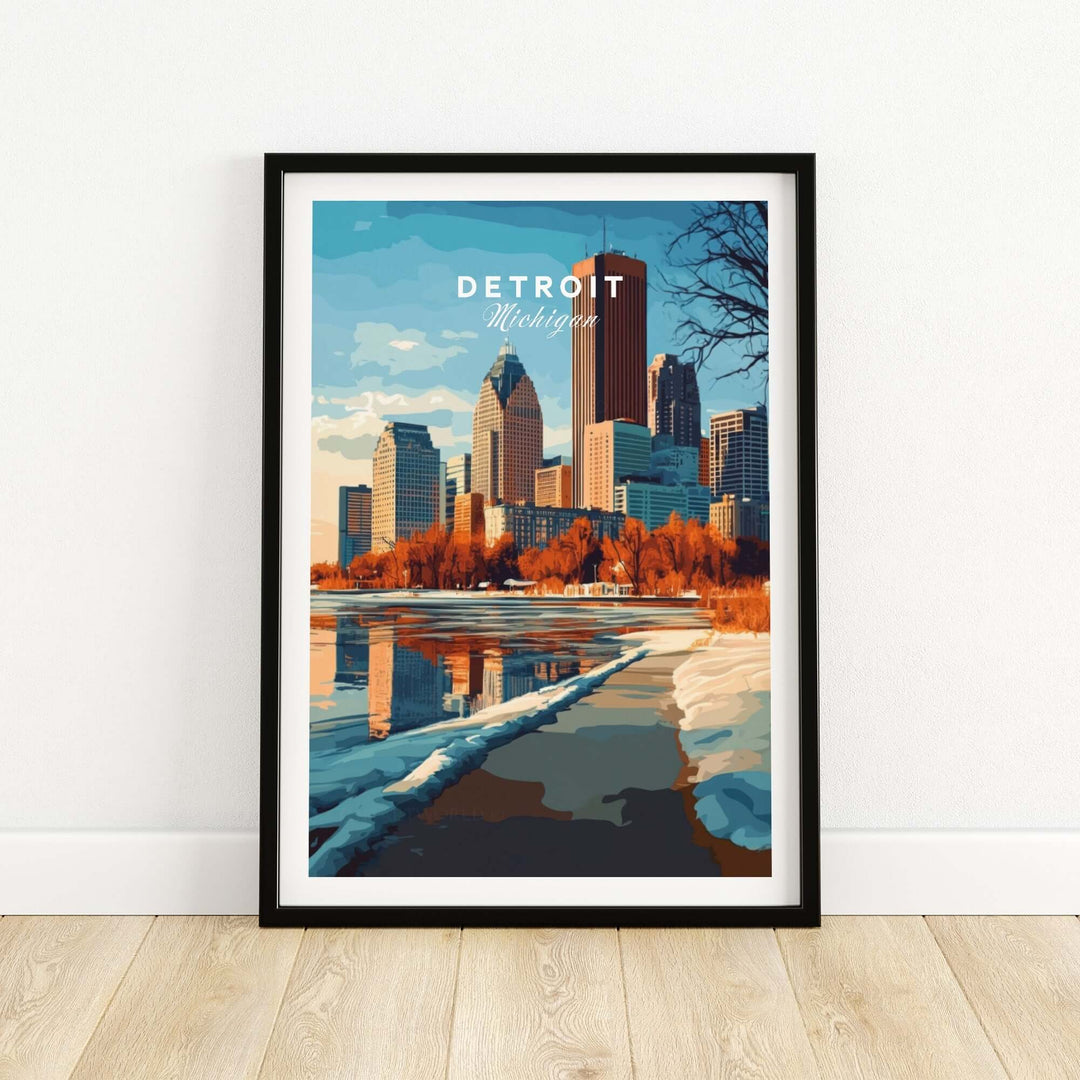 Detroit Michigan print showcasing the city skyline with vibrant colors and local landmarks, perfect for home decor.