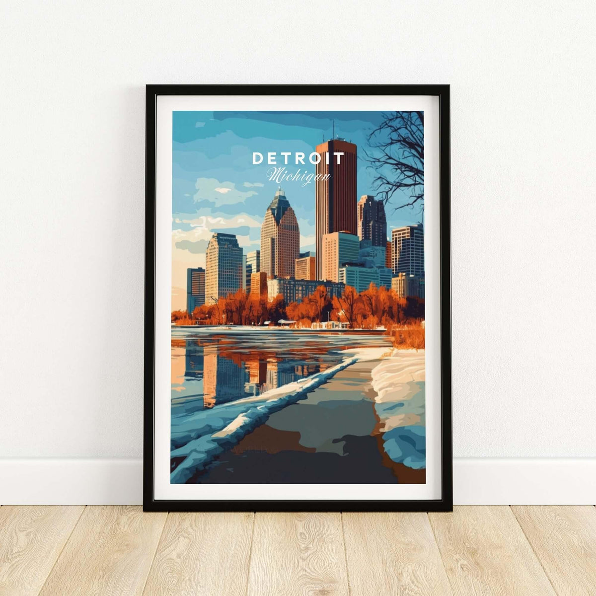 Detroit Print Michigan showcasing the skyline and waterfront of Detroit, Michigan in a beautiful framed artwork.