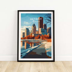 Detroit Print Michigan showcasing the skyline and waterfront of Detroit, Michigan in a beautiful framed artwork.