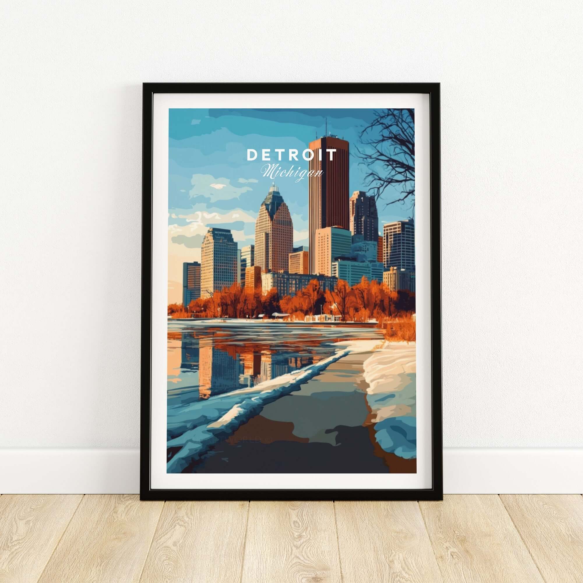 Detroit Print Michigan showcasing the skyline and waterfront of Detroit, Michigan in a beautiful framed artwork.