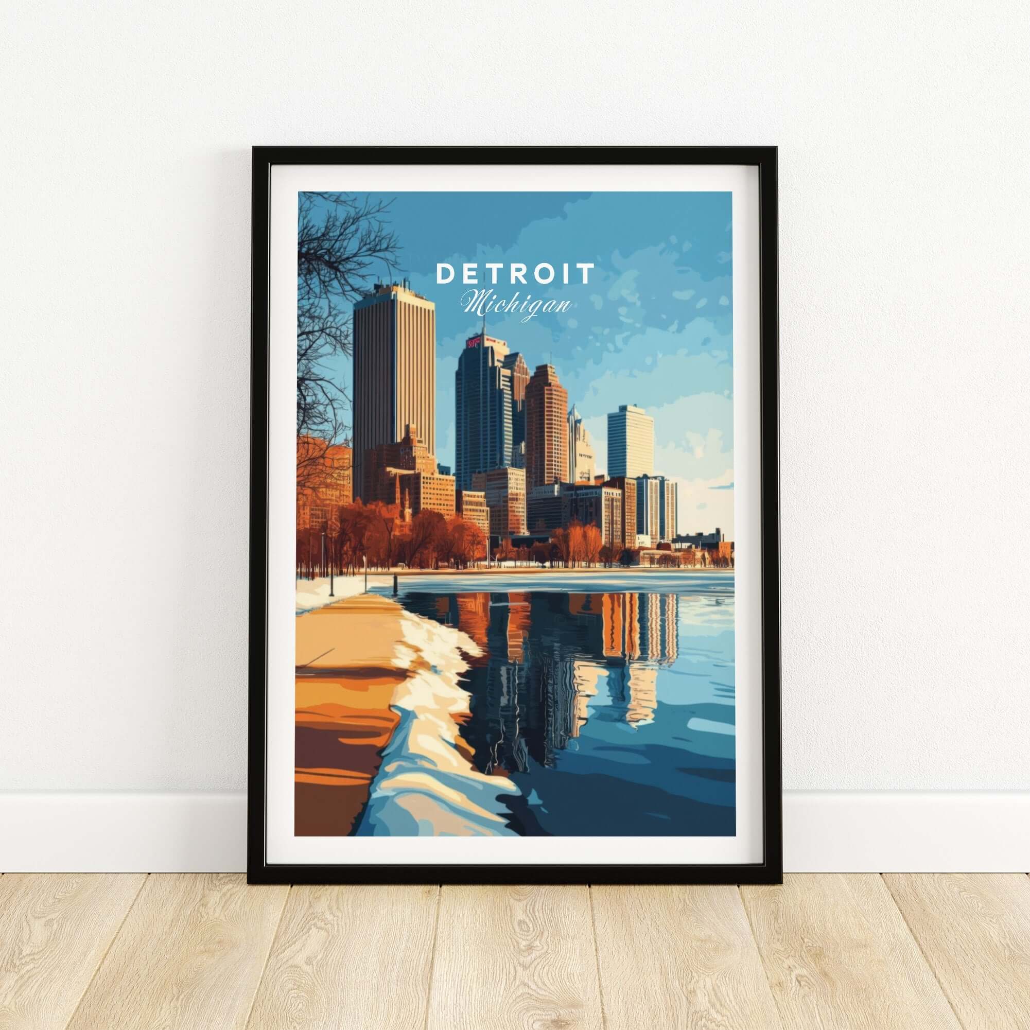 Detroit Print featuring a vibrant city skyline of Detroit, Michigan, with reflections on water.