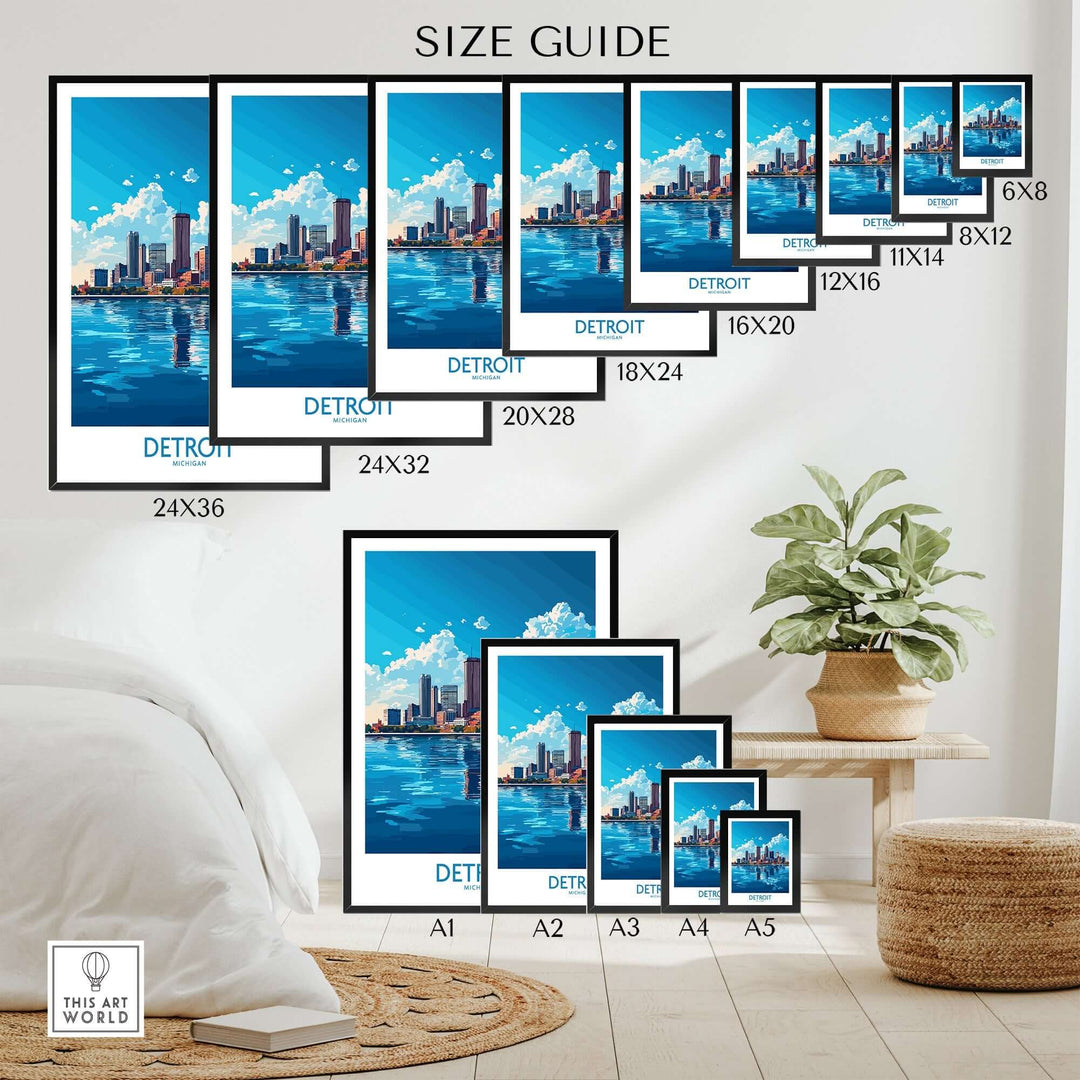 Size guide for Detroit travel poster showcasing various frame sizes and vibrant cityscape design.