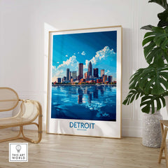 Detroit Travel Poster showcasing Detroit's skyline and vibrant cityscape with reflections on water.