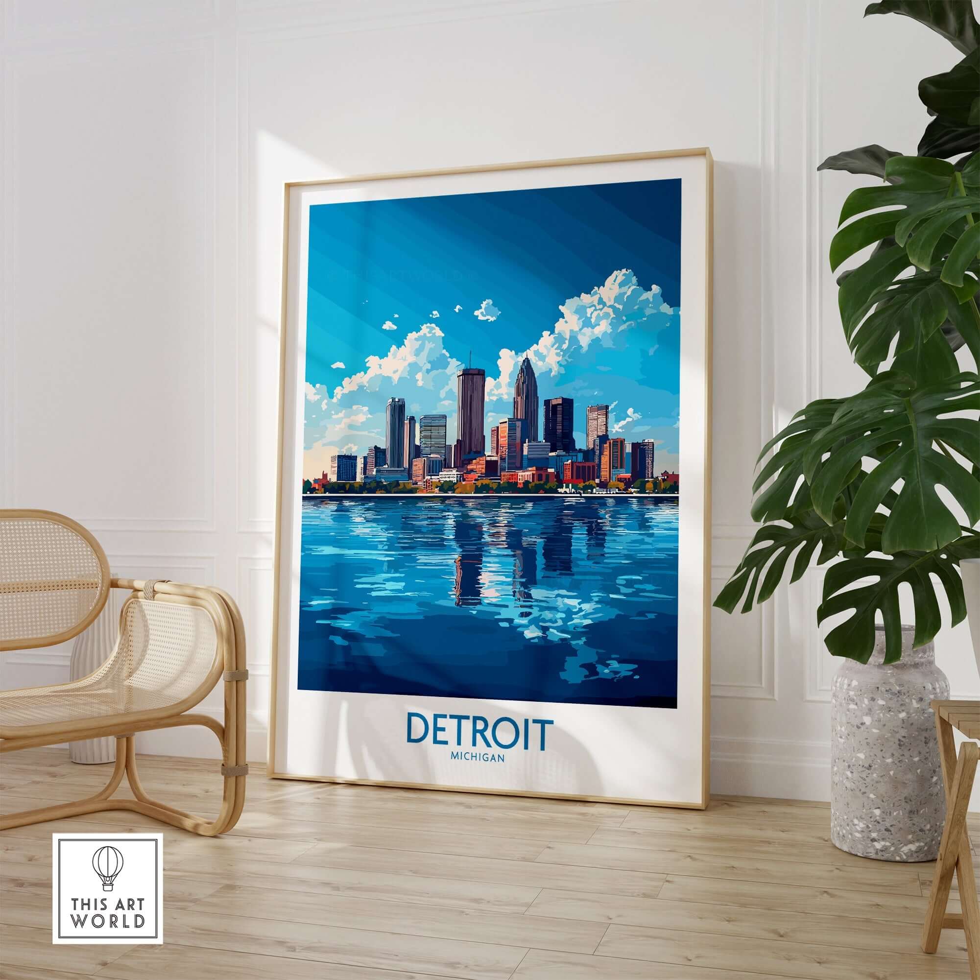 Detroit Travel Poster showcasing Detroit's skyline and vibrant cityscape with reflections on water.