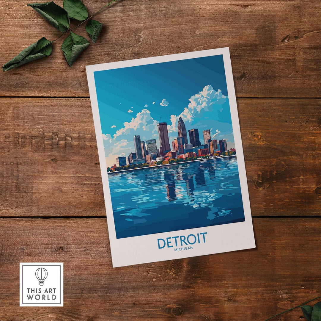 Detroit travel poster showcasing the skyline and water reflection, vibrant colors, perfect for wall art inspiration.