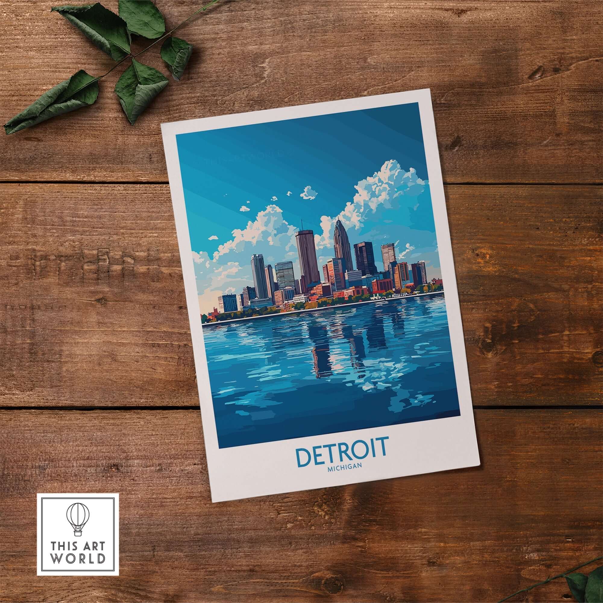 Detroit Travel Poster showcasing the vibrant skyline and waterfront of Detroit, Michigan.