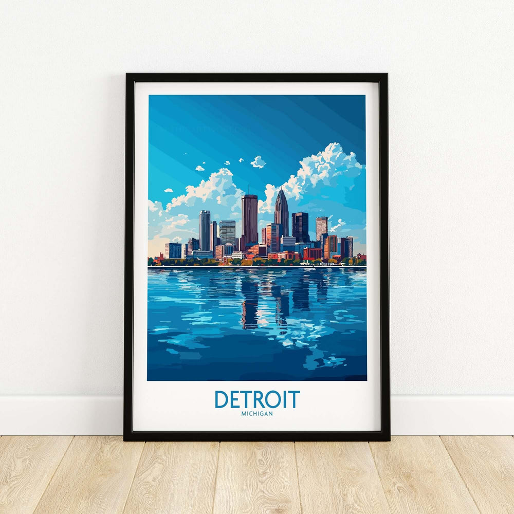 Detroit travel poster featuring the city skyline reflected in water with vibrant blue skies.